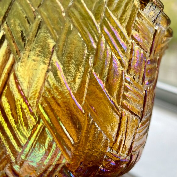 antique Indian weavetex woven basket iridescent marigold Carnival glass bowl - Picture 5 of 5